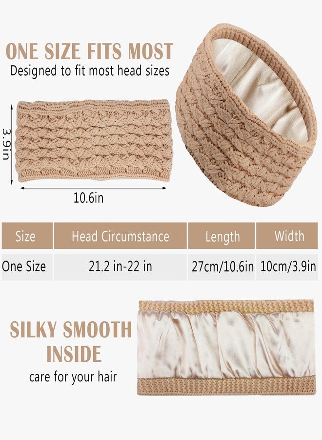Funnysoft 3 Pack Satin Lined Winter Headbands for Women, Silk Lined Beanie Caps Ear Warmers for Natural Curly Ponytail Hair(Black, Gray, Khaki,Cable Knit) - Image 2
